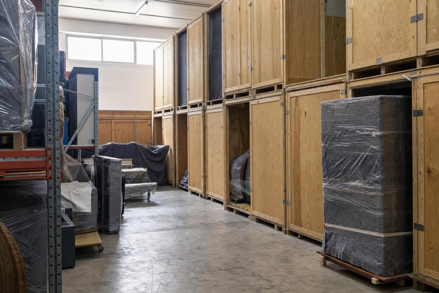 Nave de guardamuebles con contenedores de madera cerrados y muebles envueltos