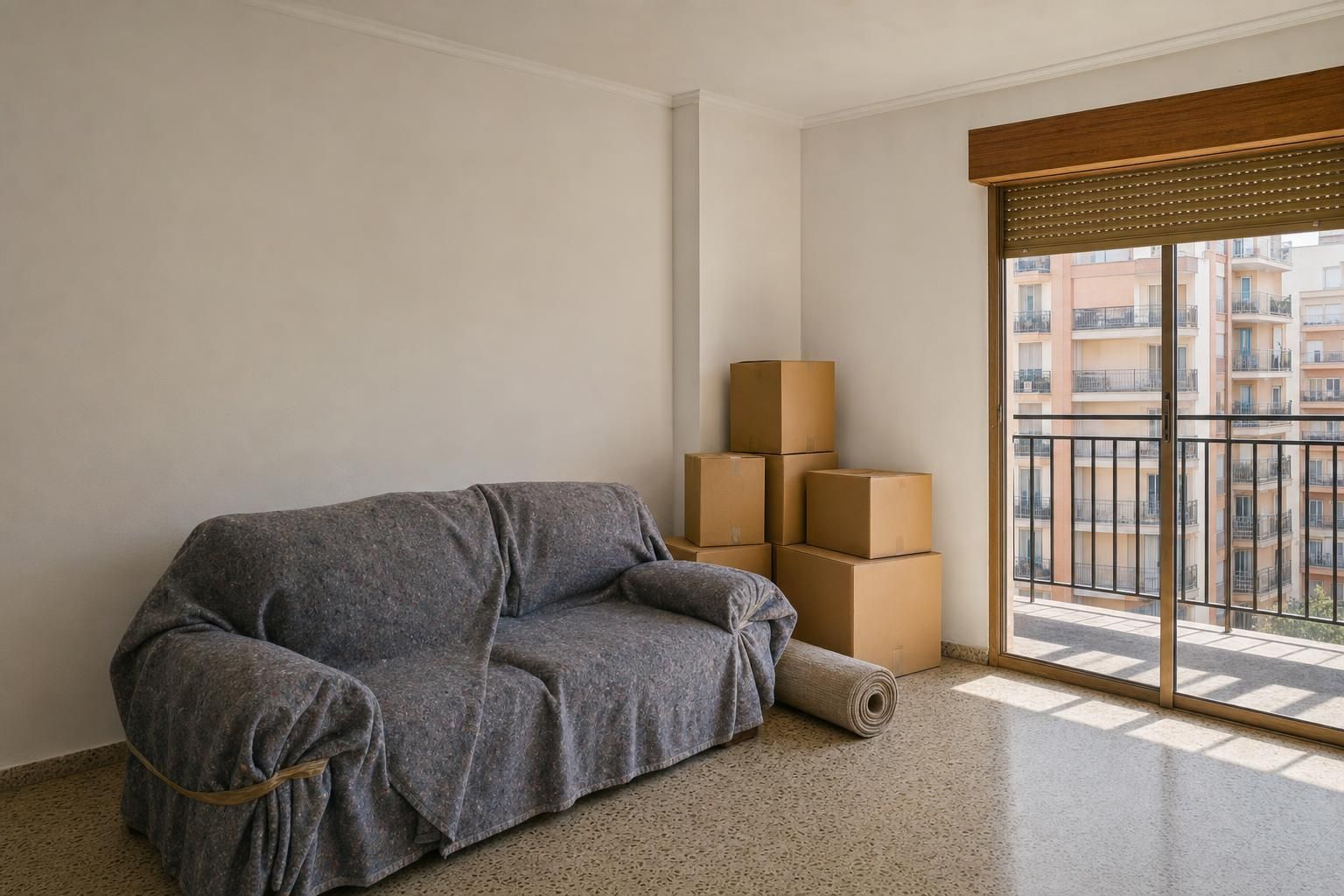 Salón de un piso el día de la mudanza, con cajas apiladas y un sofá envuelto en mantas