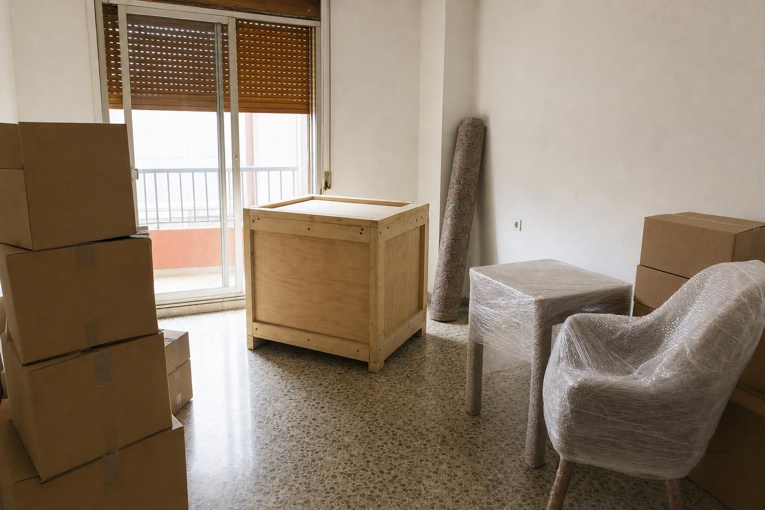 Salón vaciado con una caja de madera y muebles embalados para una mudanza internacional